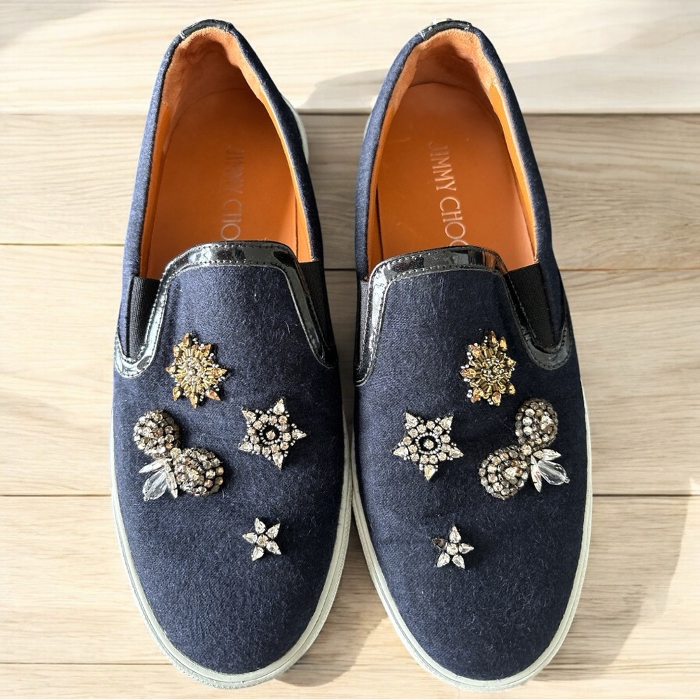 Jimmy Choo Crystal Embellished Slip-On Sneakers – Navy Blue – EU 39.5 / US 9.5